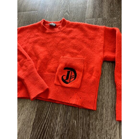 EUC Diesel Red Cropped Wool Cashmere Sweater Distressed Hem Logo Pocket Sz Small - Picture 13 of 16